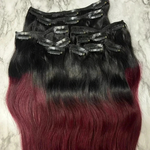 18 In Clip In 100% Human hair Balayage Black with Red Burgundy Straight Hair in - Picture 4 of 5